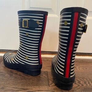 Joules Womens US 8 Molly Welly Mid Rain Boot Navy / White Stripe Gold Polka Dot